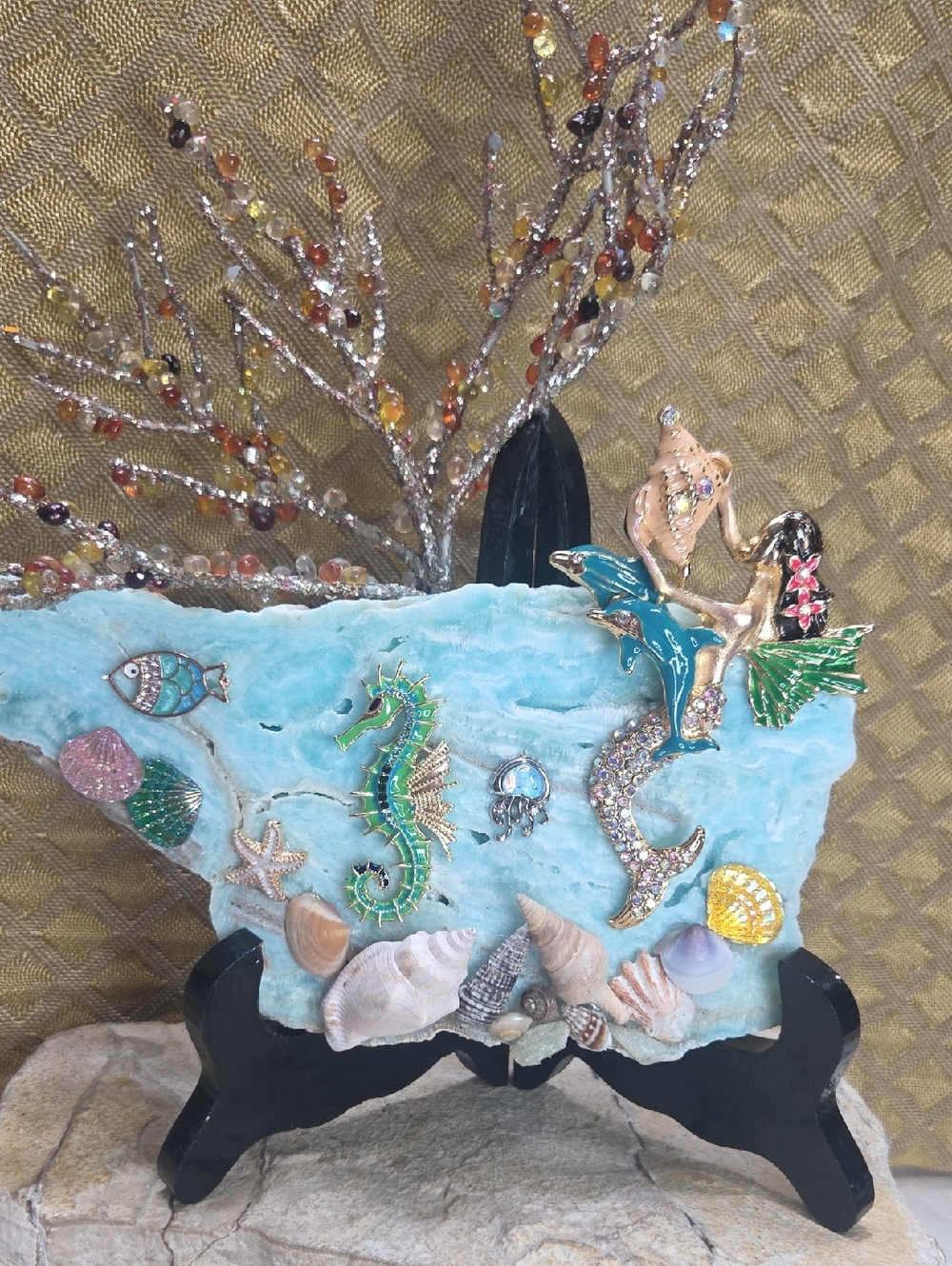 Handcrafted Celestite Stone Ocean Mermaid Art with Sparkly Sea Creatures